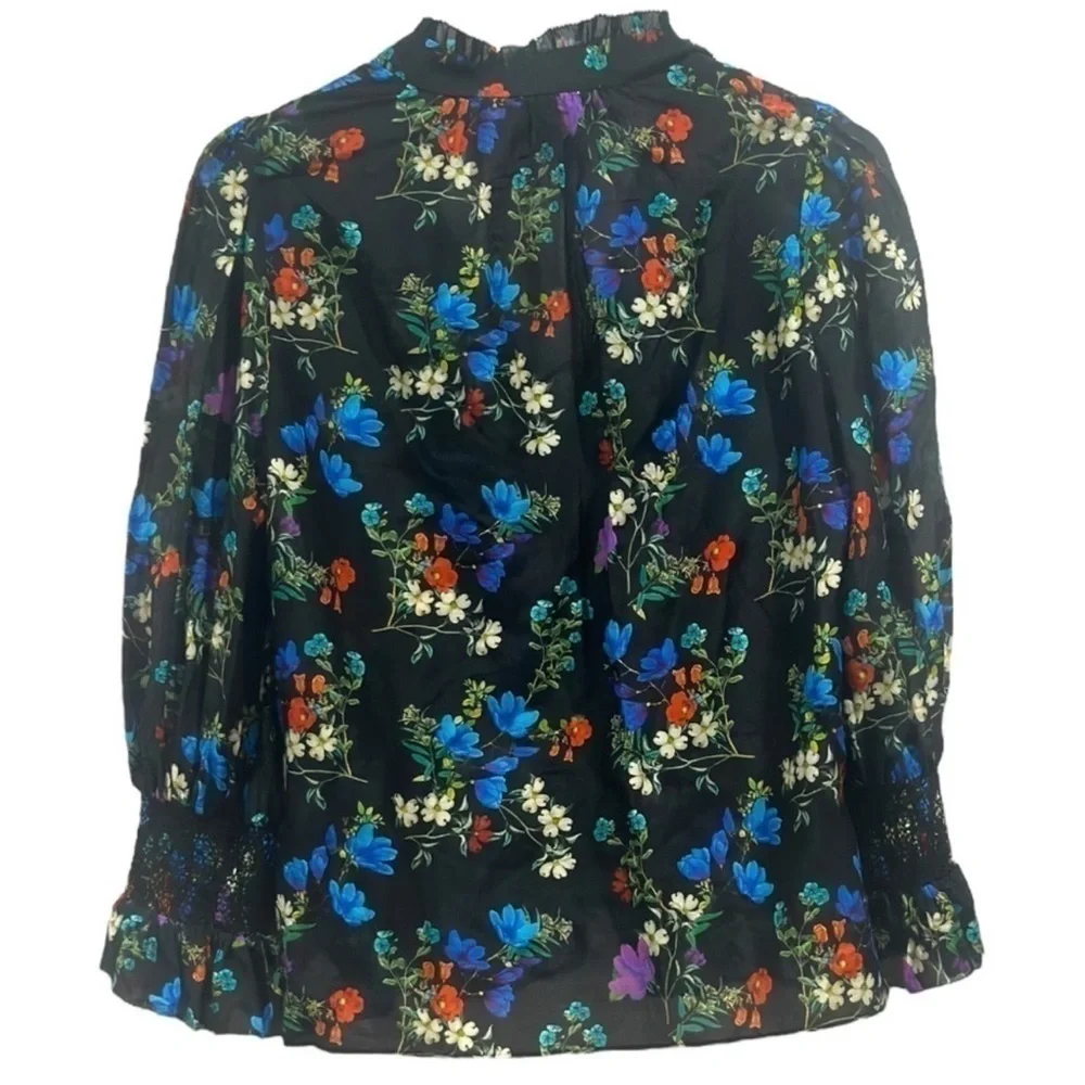 Alice & Olivia llan Silk Floral Long Sleeve button-down, semi sheer blouse Small_5
